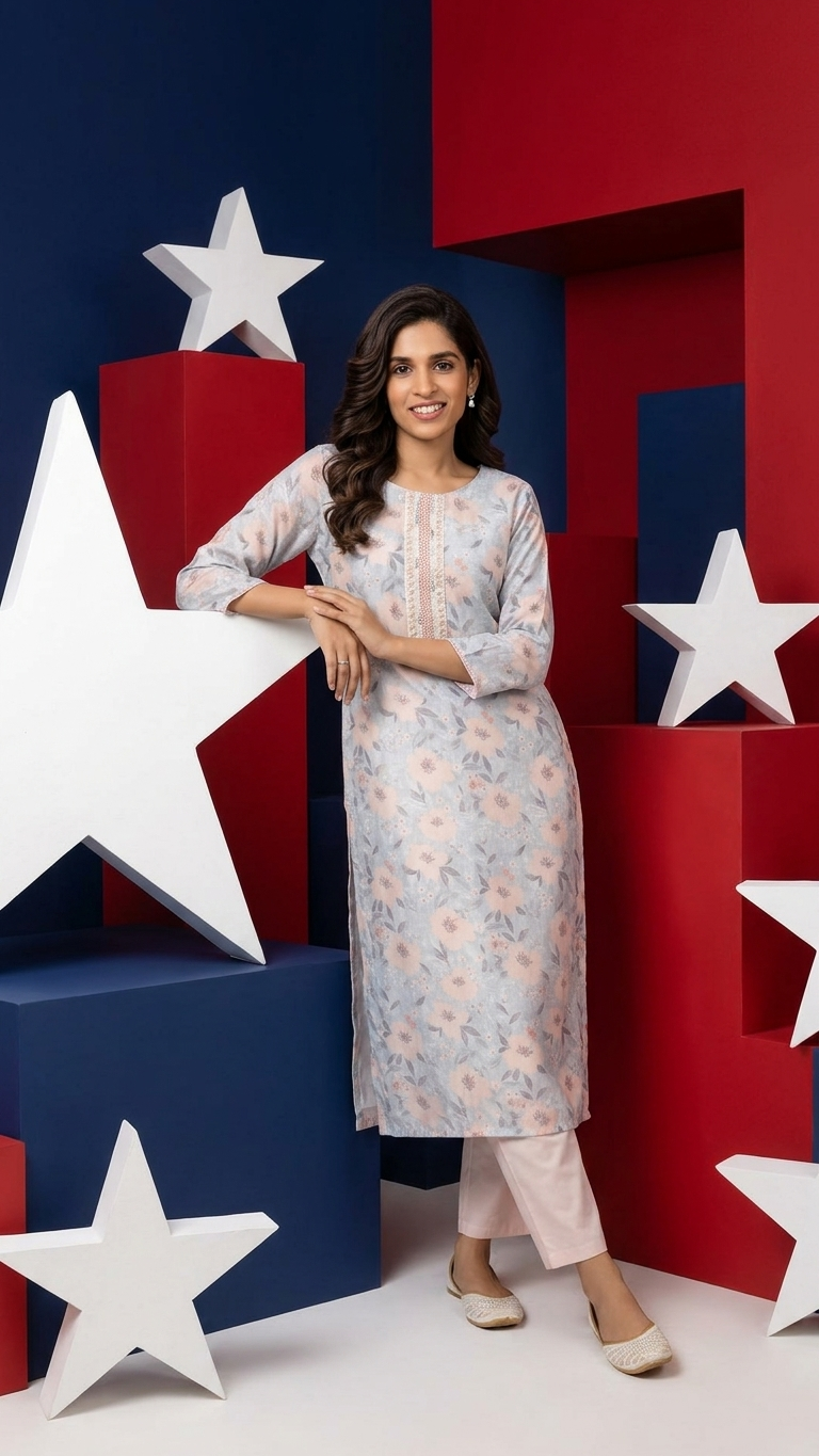 Pastel Floral Cotton Kurta Set with Blush Pink Pants