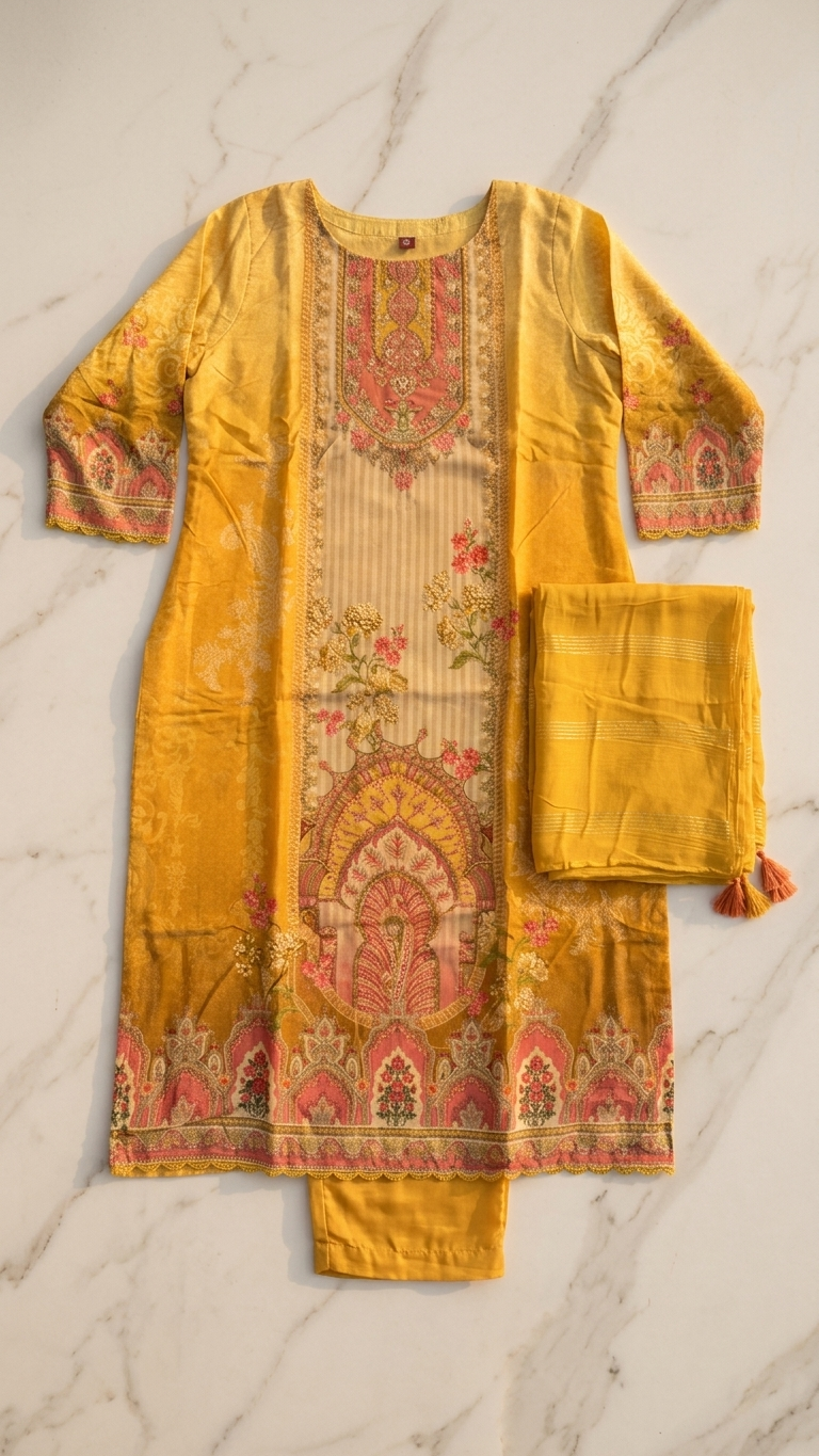 Yellow Chinon Silk 3-Piece Indian Suit with Sequins Dupatta