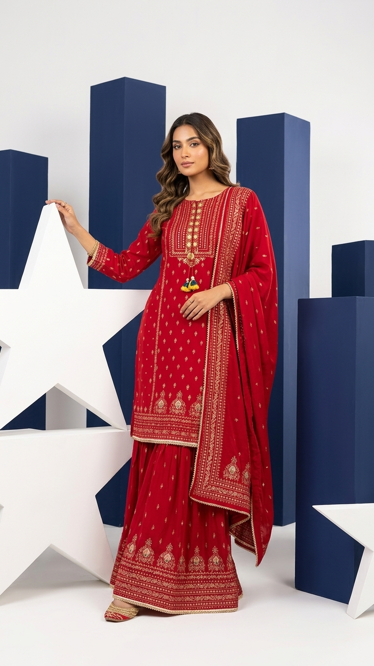 Red Printed Kurta Sharara Set for Women | 3-Piece Indian Pakistani Suit with Embroidered Neckline & Lace Detail | Festive Wear