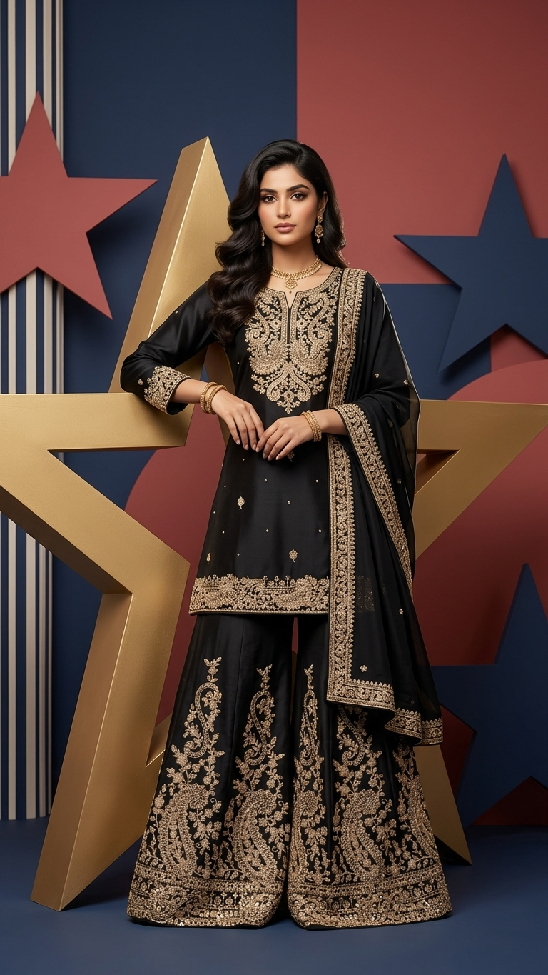 Black Embroidered Sharara Suit Set for Women | 3-Piece Pakistani Indian Wedding & Party Wear