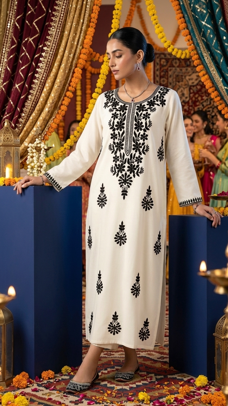 Kurti Premium en Rayonne Chikankari Blanche avec Broderies Contrastantes Faites Main au Fil