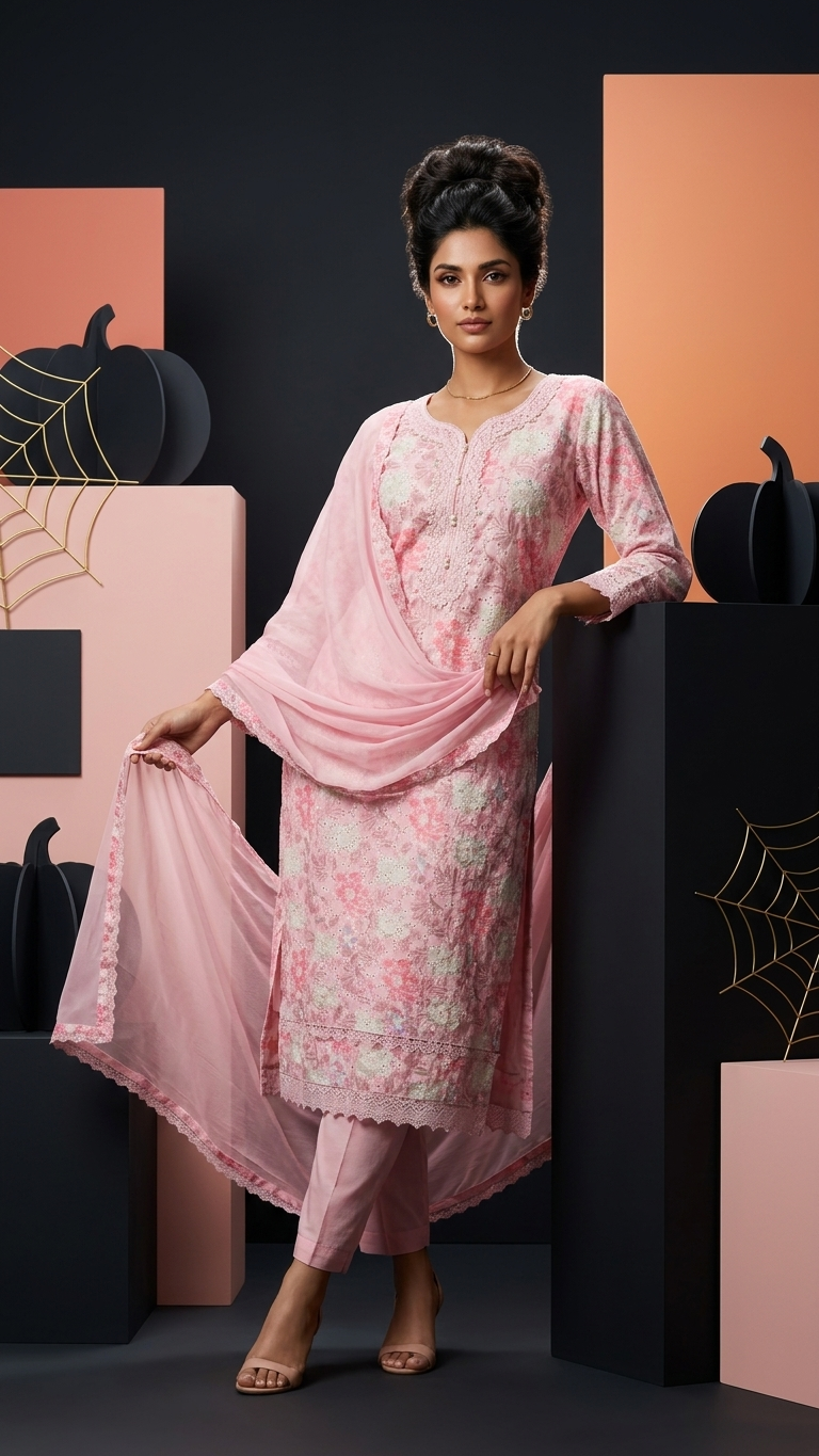 Cotton 3-Piece Suit in Subtle Pink with Intricate Lace Work