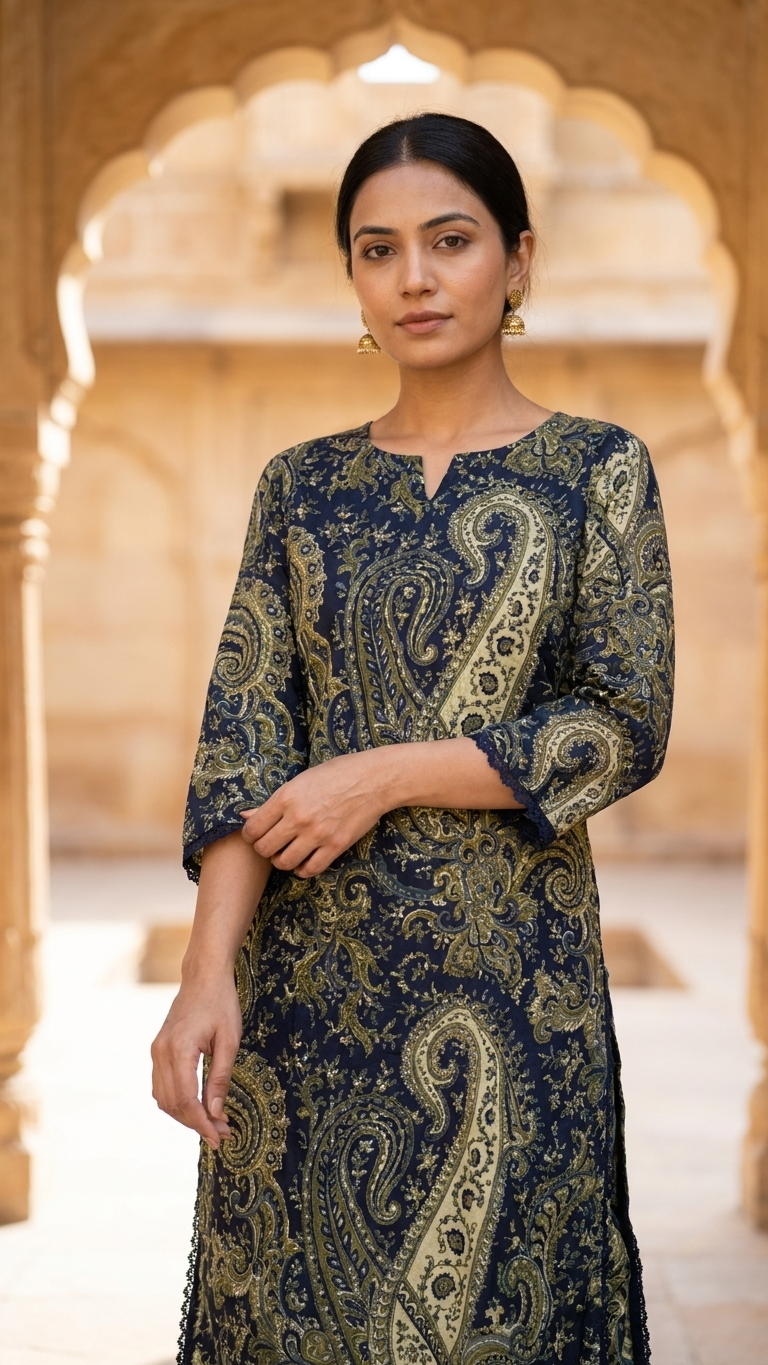 Navy Blue Paisley Print Cotton Blend Kurta Set for Women | Elegant Ethnic Co-Ord Set