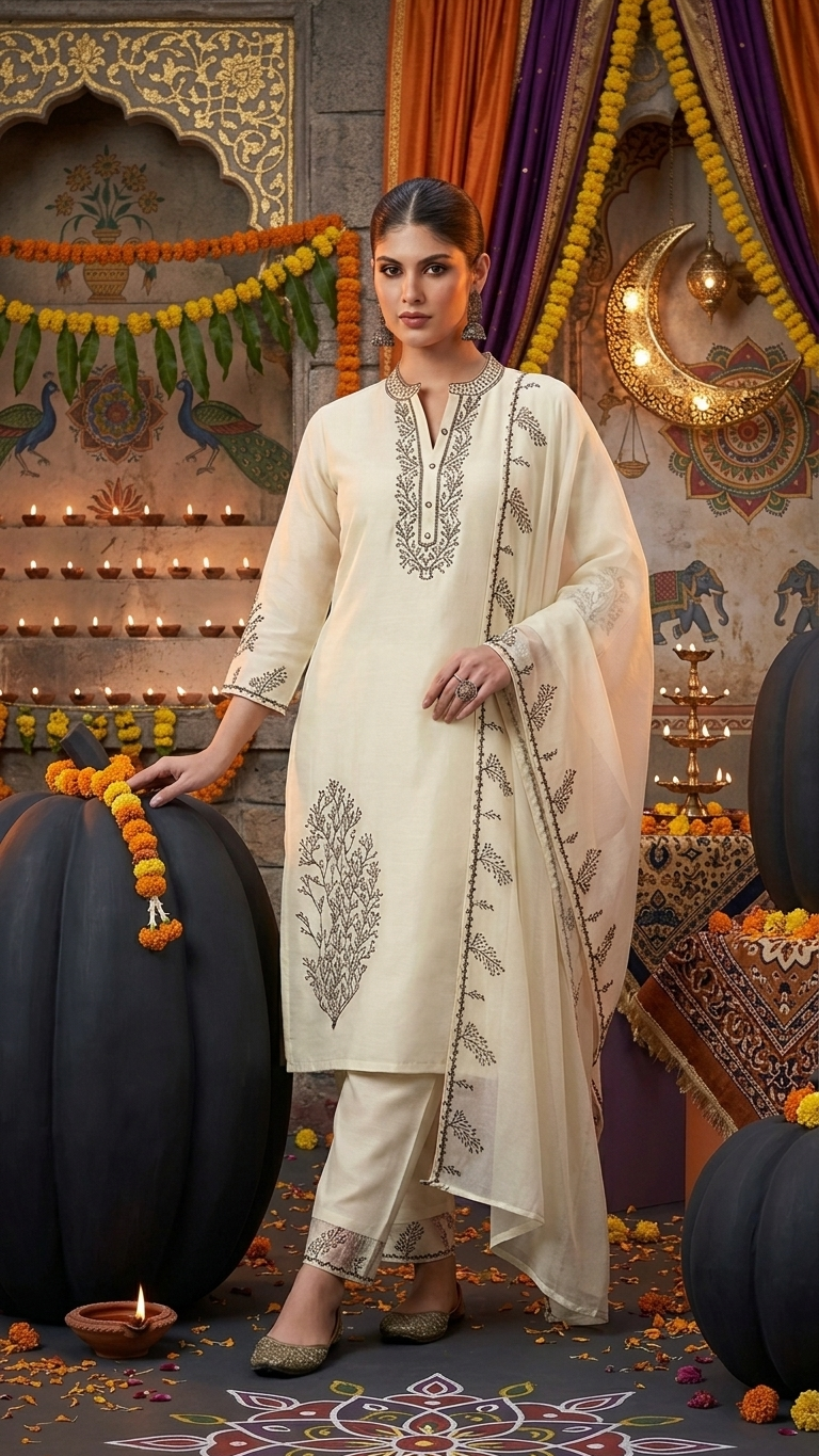 Ensemble 3 pièces en soie russe blanc cassé avec broderie noire et dupatta en organza