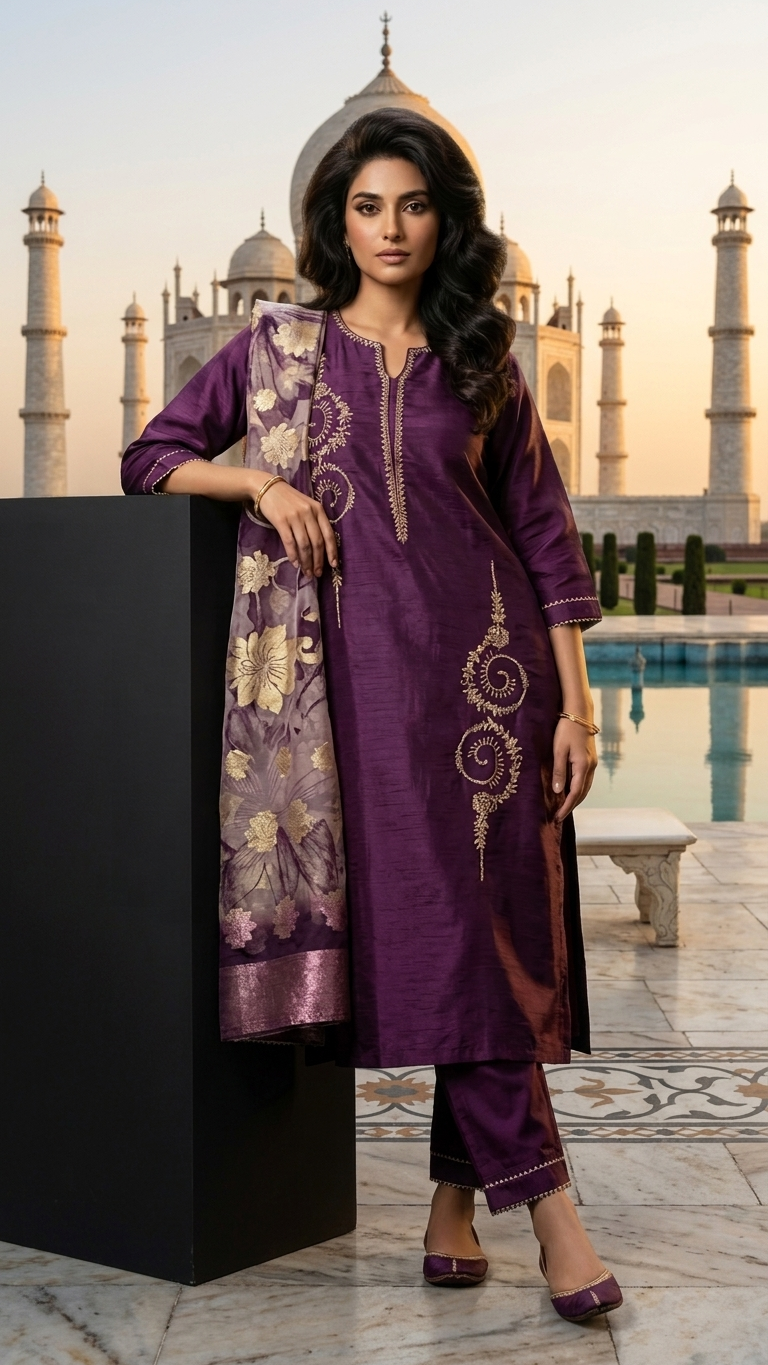 Silk Blend 3-Piece Suit in Purple with Gold Tone Embroidery and Floral Tissue Dupatta