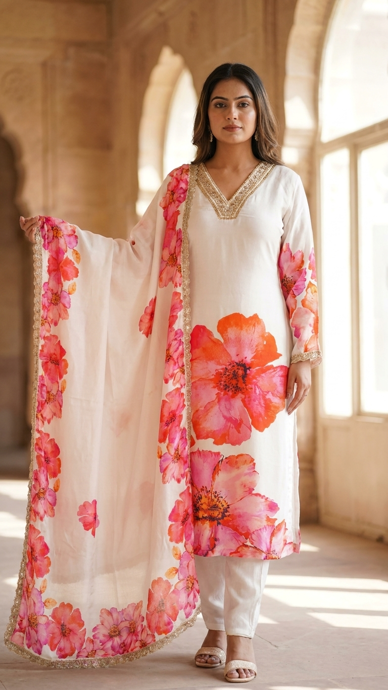 Russian Silk 3-Piece Party Wear in Cream with Intricate Lace Work