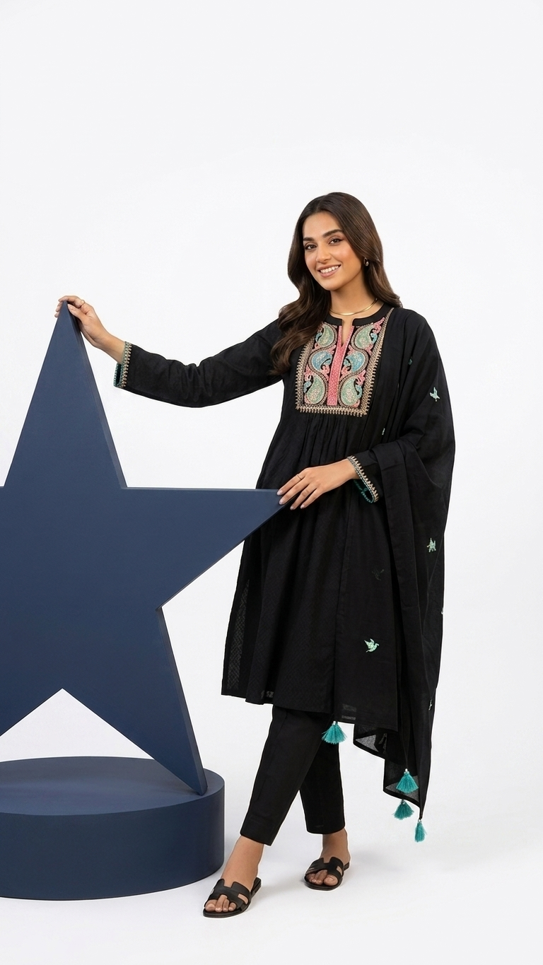 Black Embroidered Pakistani Kurta Set with Dupatta | 3-Piece Ethnic Suit | Festive & Casual Wear for Women