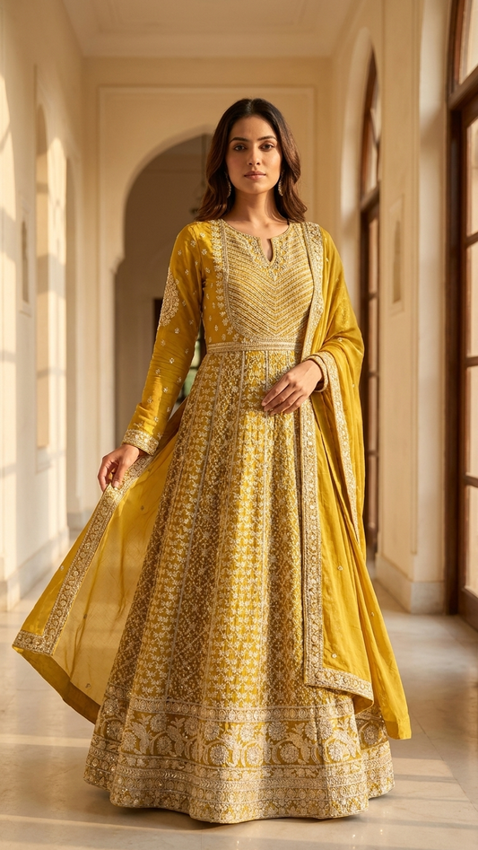 Mustard Yellow Embroidered Long Gown with Dupatta | Indian Wedding Gown | Festive Ethnic Wear for Women