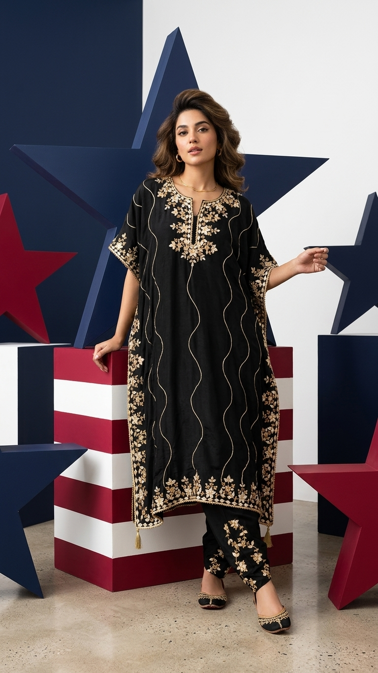 Black Embroidered Kaftan Kurta Set for Women | Luxury Ethnic Wear | Festive, Wedding & Party Outfit