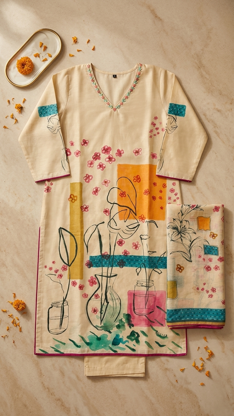 Ensemble trois pièces en coton Khadi peint, disponible en plusieurs coloris