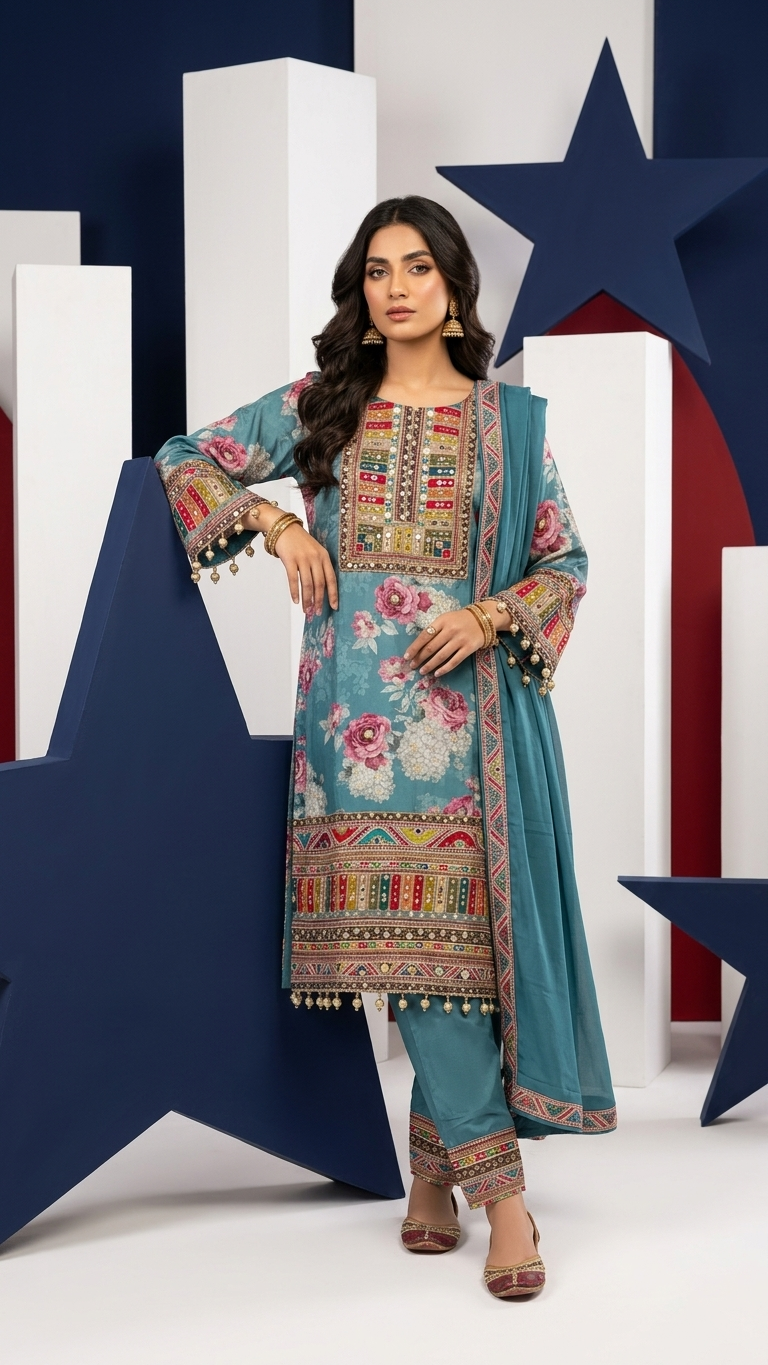 Teal Blue Floral Printed 3-Piece Kurta Set with Mirror Work & Embroidered Dupatta