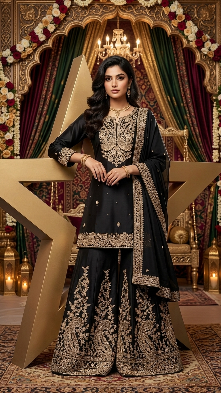 Black Embroidered Sharara Suit Set for Women | 3-Piece Pakistani Indian Wedding & Party Wear