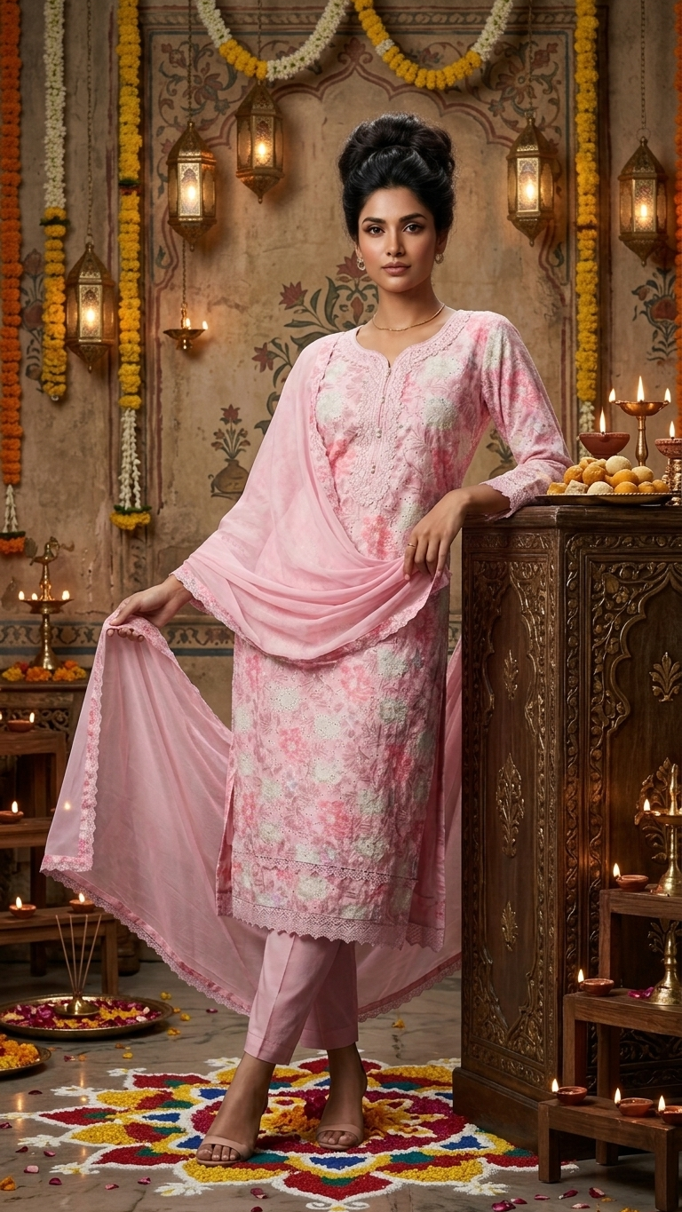 Cotton 3-Piece Suit in Subtle Pink with Intricate Lace Work