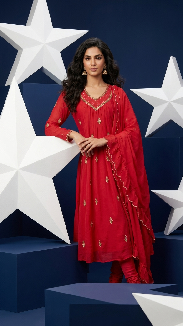 Hot Pink Chinnon Silk 3-Piece Kurta Set with Gold Embroidery & Scalloped Dupatta