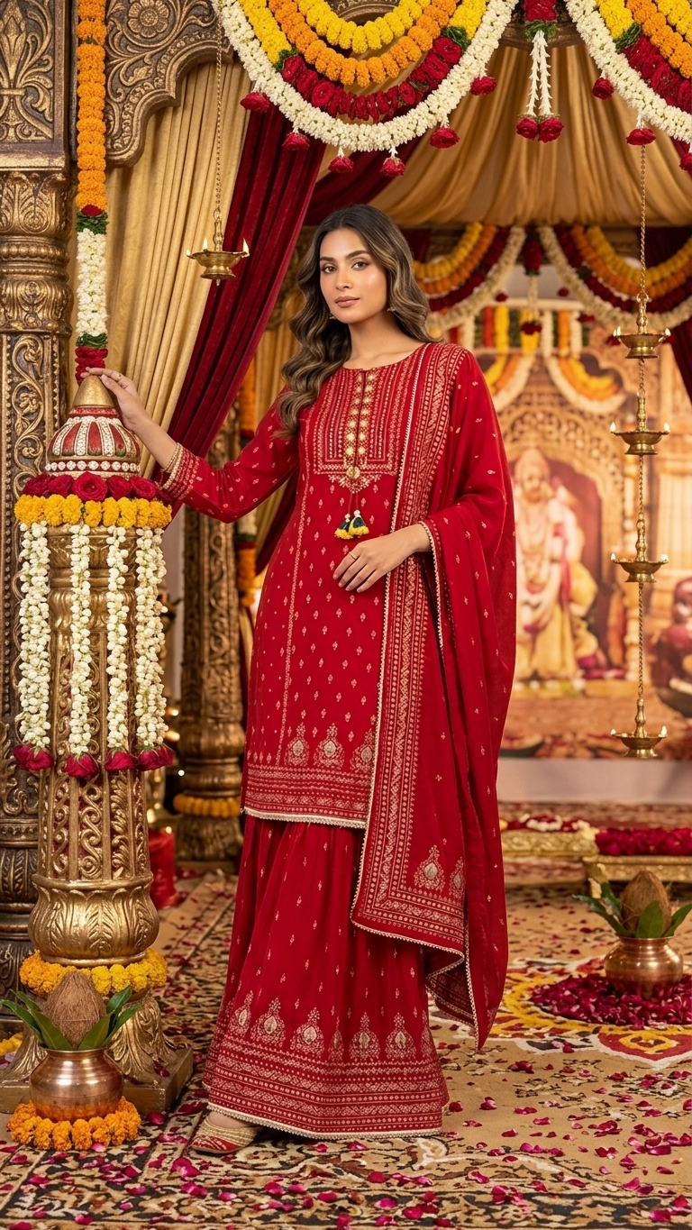 Red Printed Kurta Sharara Set for Women | 3-Piece Indian Pakistani Suit with Embroidered Neckline & Lace Detail | Festive Wear