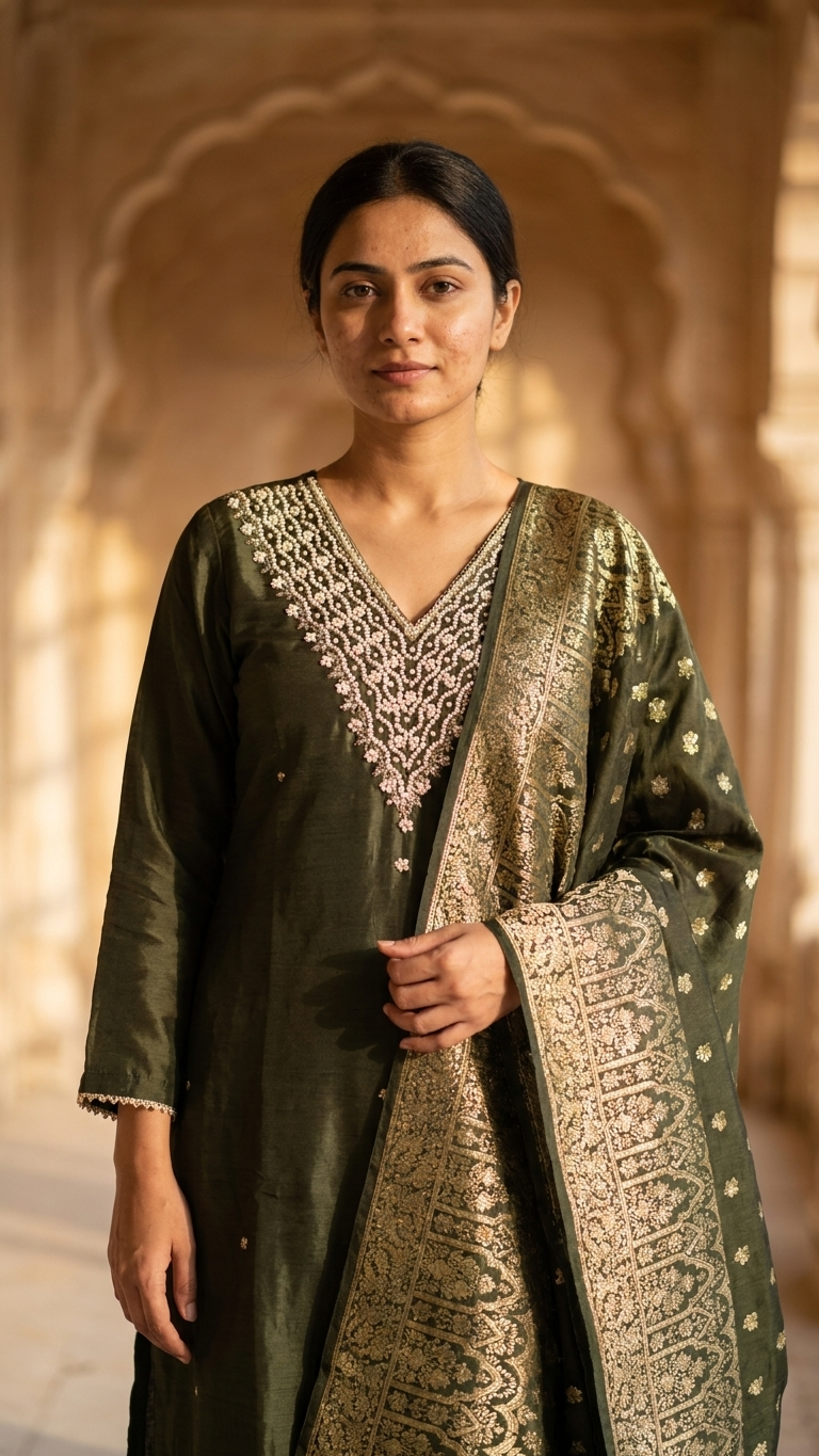 Chinon Silk Dabka Work 3 Piece Suit in Green