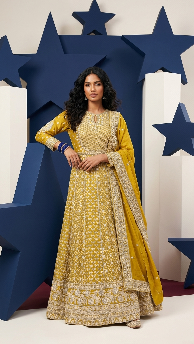 Mustard Yellow Embroidered Long Gown with Dupatta | Indian Wedding Gown | Festive Ethnic Wear for Women