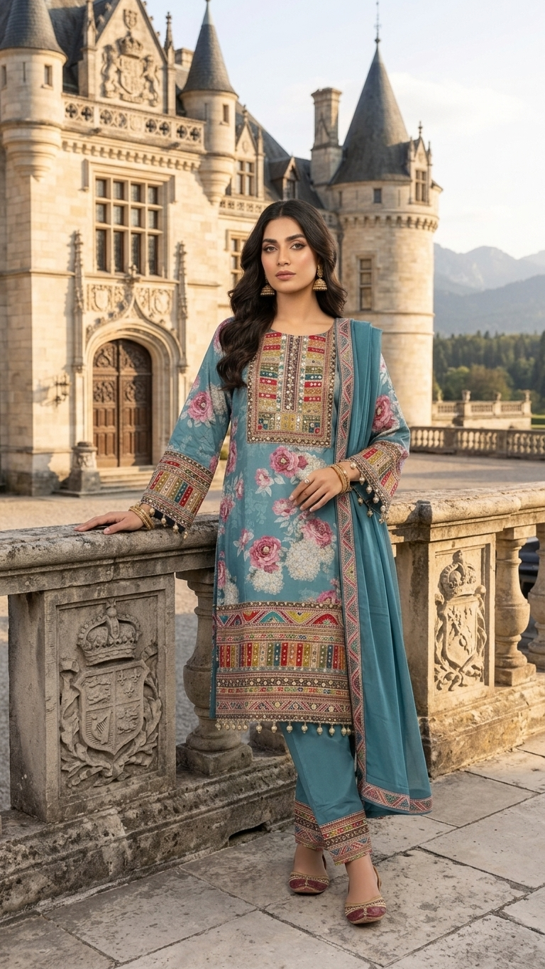 Teal Blue Floral Printed 3-Piece Kurta Set with Mirror Work & Embroidered Dupatta