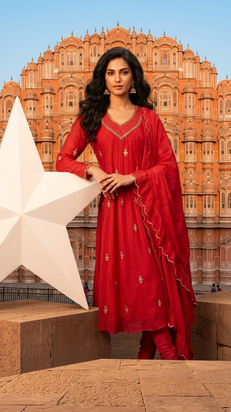 Hot Pink Chinnon Silk 3-Piece Kurta Set with Gold Embroidery & Scalloped Dupatta