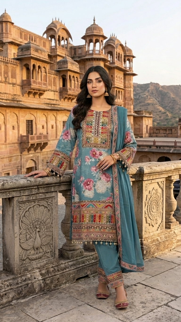 Teal Blue Floral Printed 3-Piece Kurta Set with Mirror Work & Embroidered Dupatta
