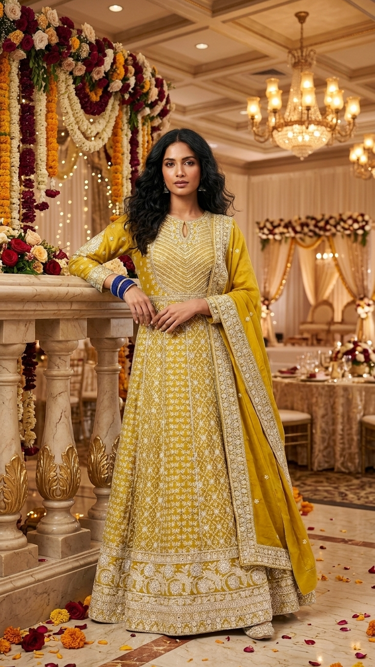 Mustard Yellow Embroidered Long Gown with Dupatta | Indian Wedding Gown | Festive Ethnic Wear for Women