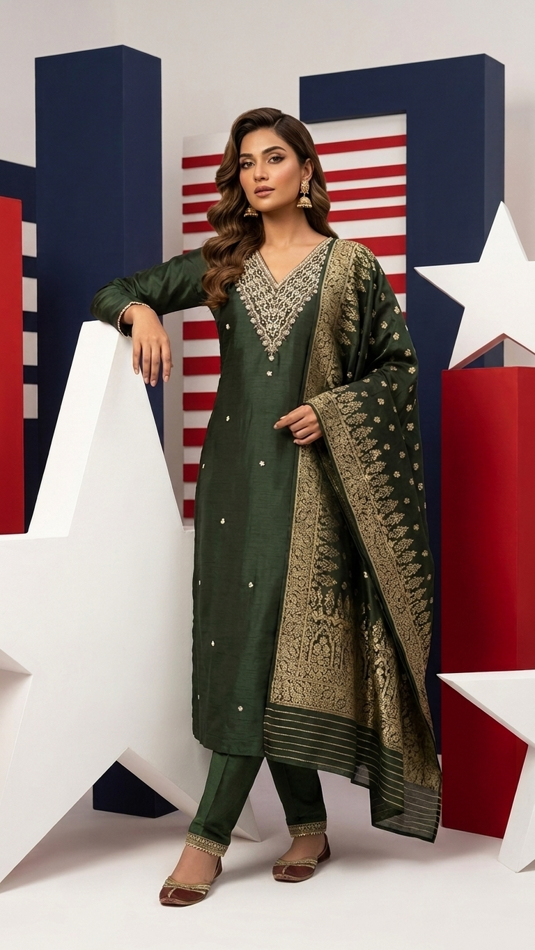 Chinon Silk Dabka Work 3 Piece Suit in Green