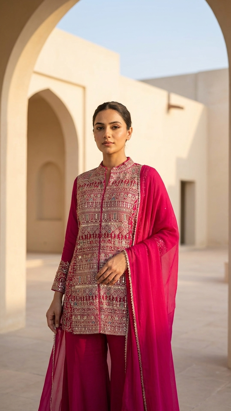 Ensemble Divin 3 Pièces Fusion en Pure Georgette Rouge avec Broderies Dorées Complexes