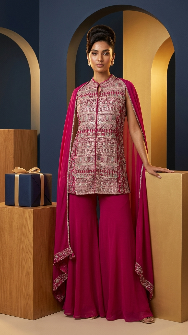 Ensemble Divin 3 Pièces Fusion en Pure Georgette Rouge avec Broderies Dorées Complexes