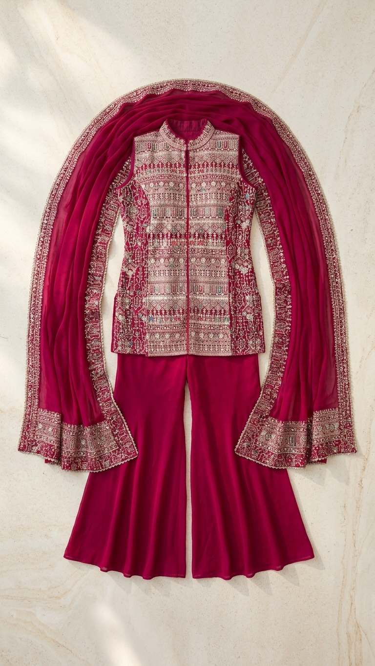 Ensemble Divin 3 Pièces Fusion en Pure Georgette Rouge avec Broderies Dorées Complexes