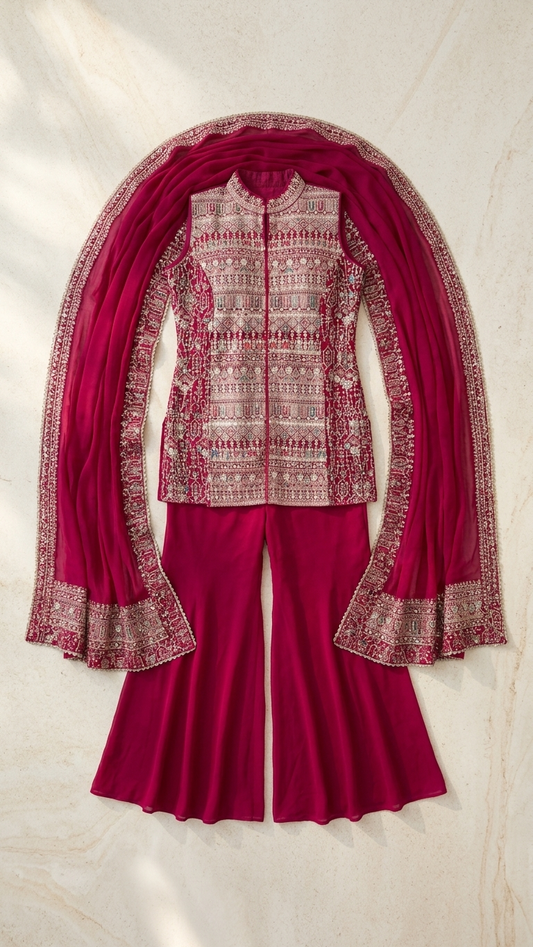 Ensemble Divin 3 Pièces Fusion en Pure Georgette Rouge avec Broderies Dorées Complexes