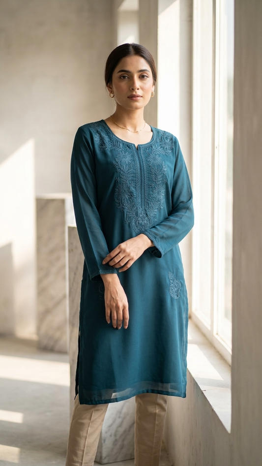 Tunique en rayonne Chikankari vert paon