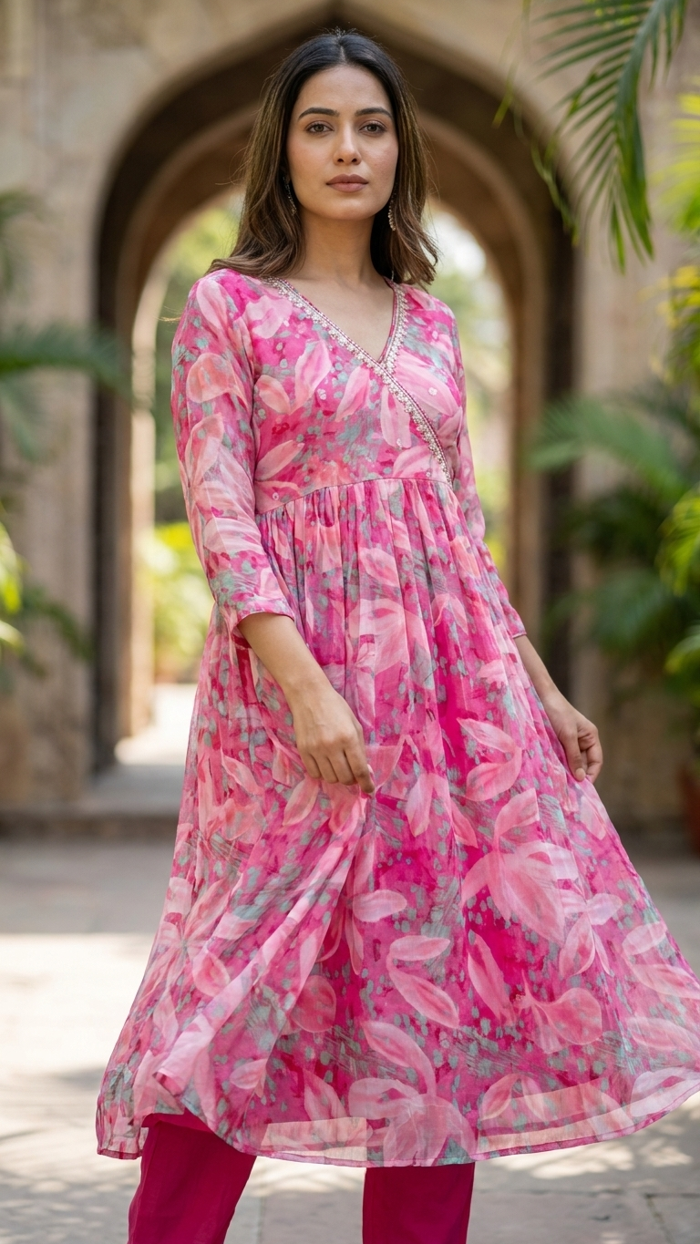 Ensemble 3 pièces rose en georgette coupe Nyra à fente haute