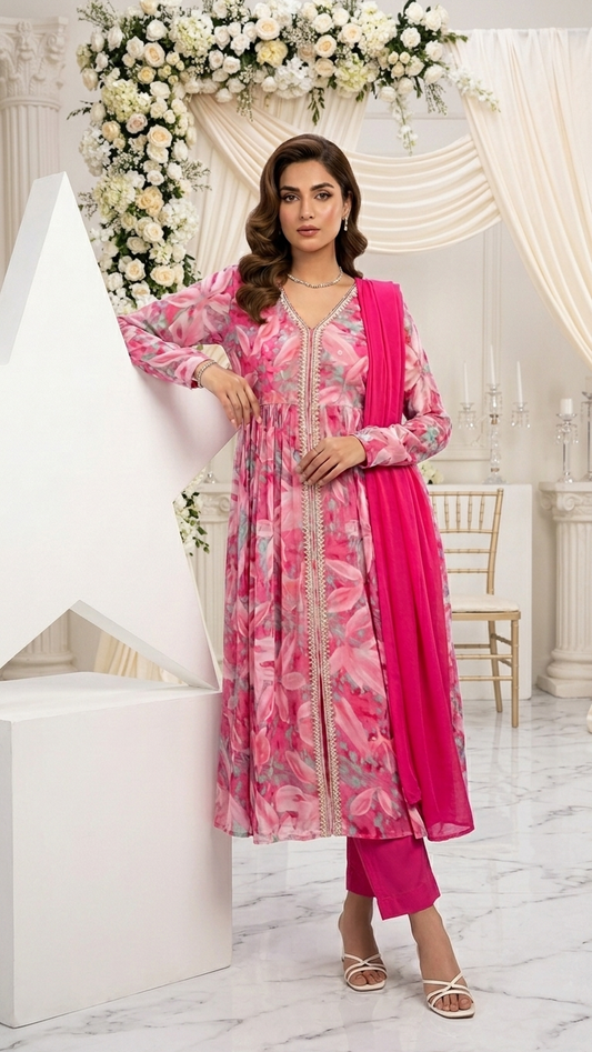 Ensemble 3 pièces rose en georgette coupe Nyra à fente haute