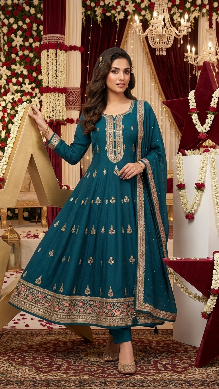 Teal Blue Anarkali Suit Set for Women | Embroidered 3-Piece Ethnic Kurta Set with Dupatta | Indian Pakistani Festive Wear