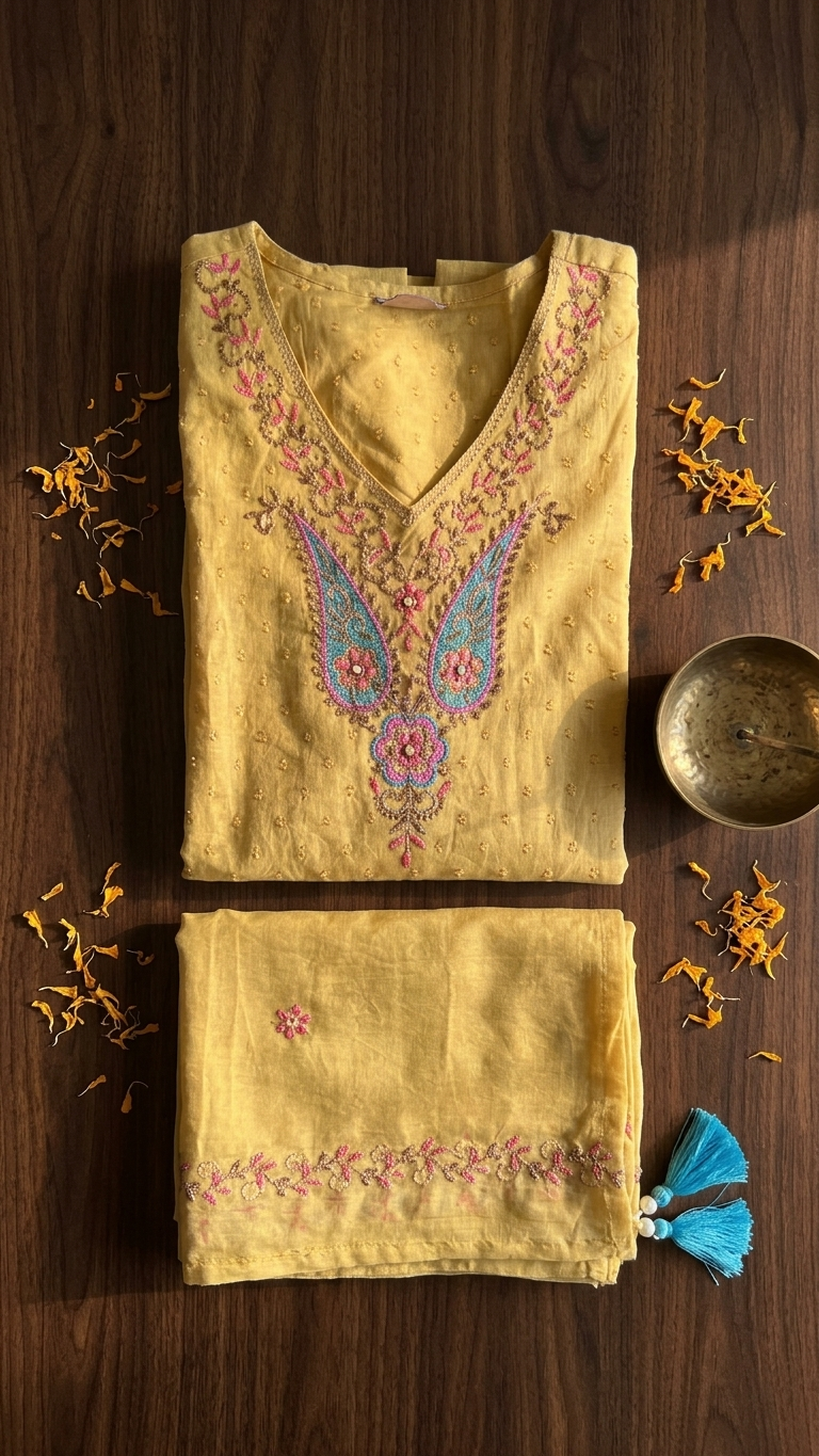 Yellow Anarkali 3-Piece Suit with Ethnic Thread Embroidery and Mul Dupatta