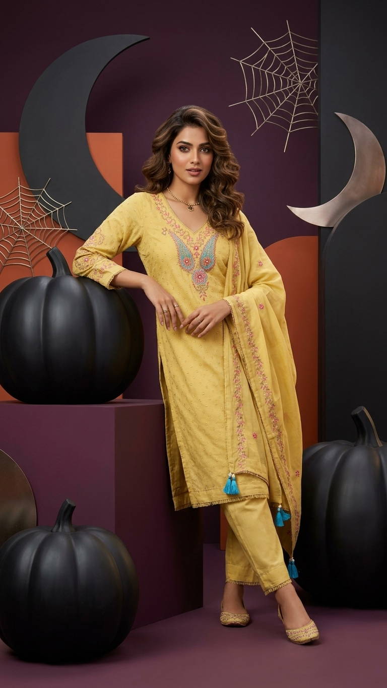 Yellow Anarkali 3-Piece Suit with Ethnic Thread Embroidery and Mul Dupatta